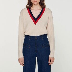 Sandro Cable Knit V-Neck Pullover Sweater